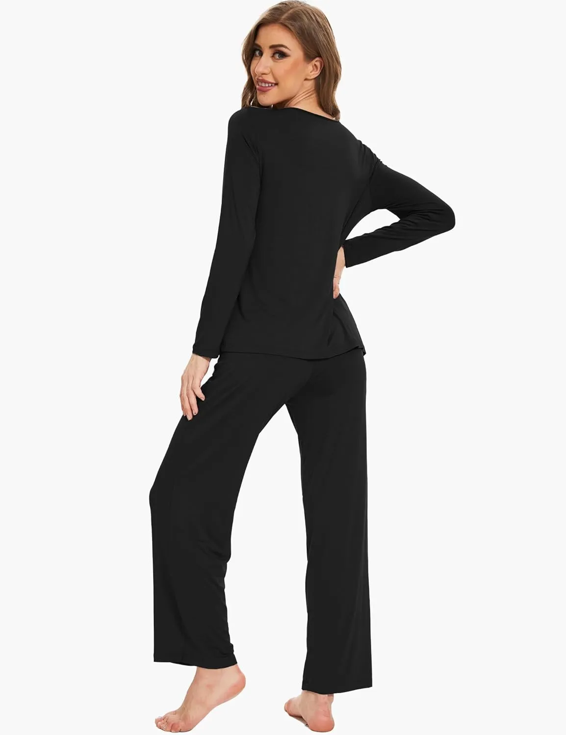 Women's Pajamas Set - Viscose Made from Bamboo, Long Sleeve Long Pants Sleepwear Soft Pjs Lounge Sets with Pockets