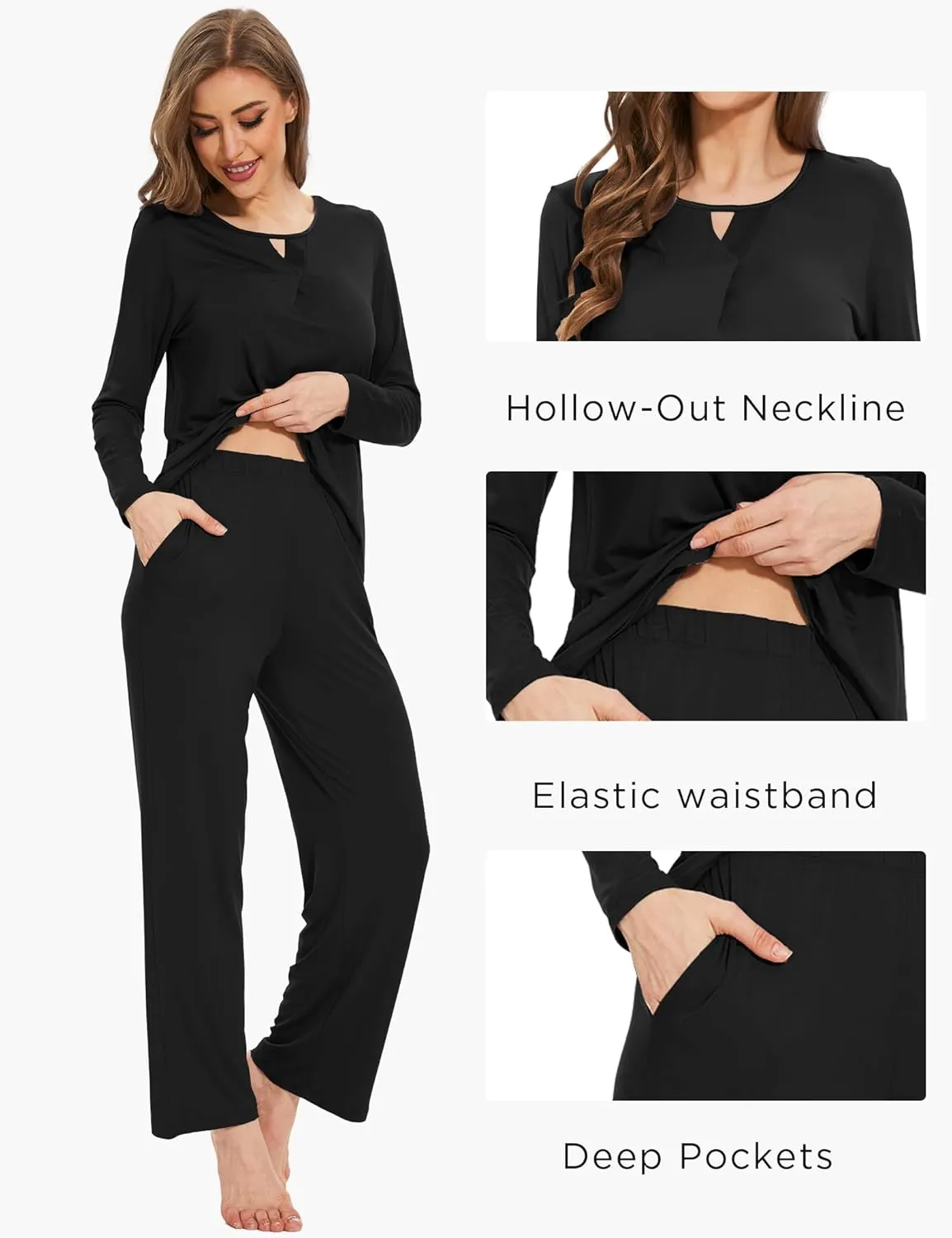 Women's Pajamas Set - Viscose Made from Bamboo, Long Sleeve Long Pants Sleepwear Soft Pjs Lounge Sets with Pockets