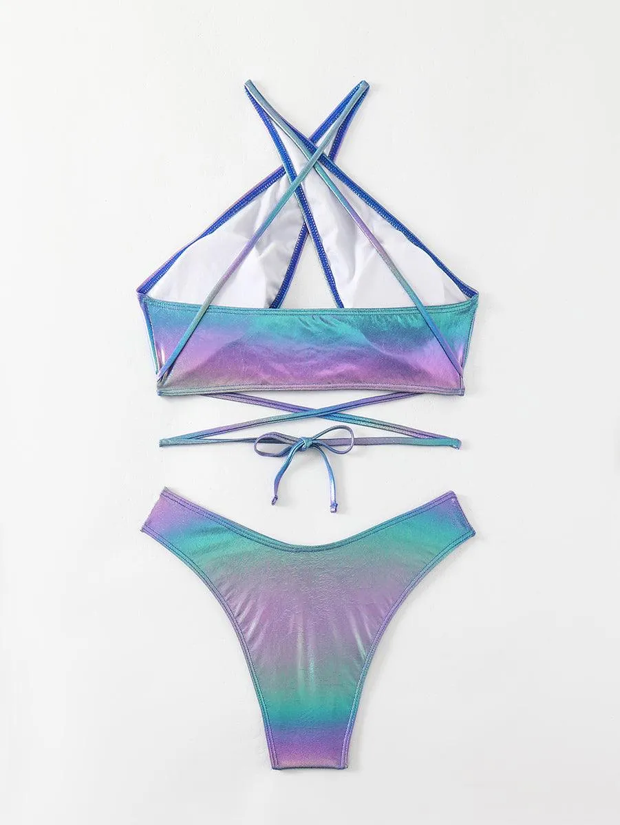 Women's Plunge Halter Bathing Suit - Gradient Color One-Piece Swimwear
