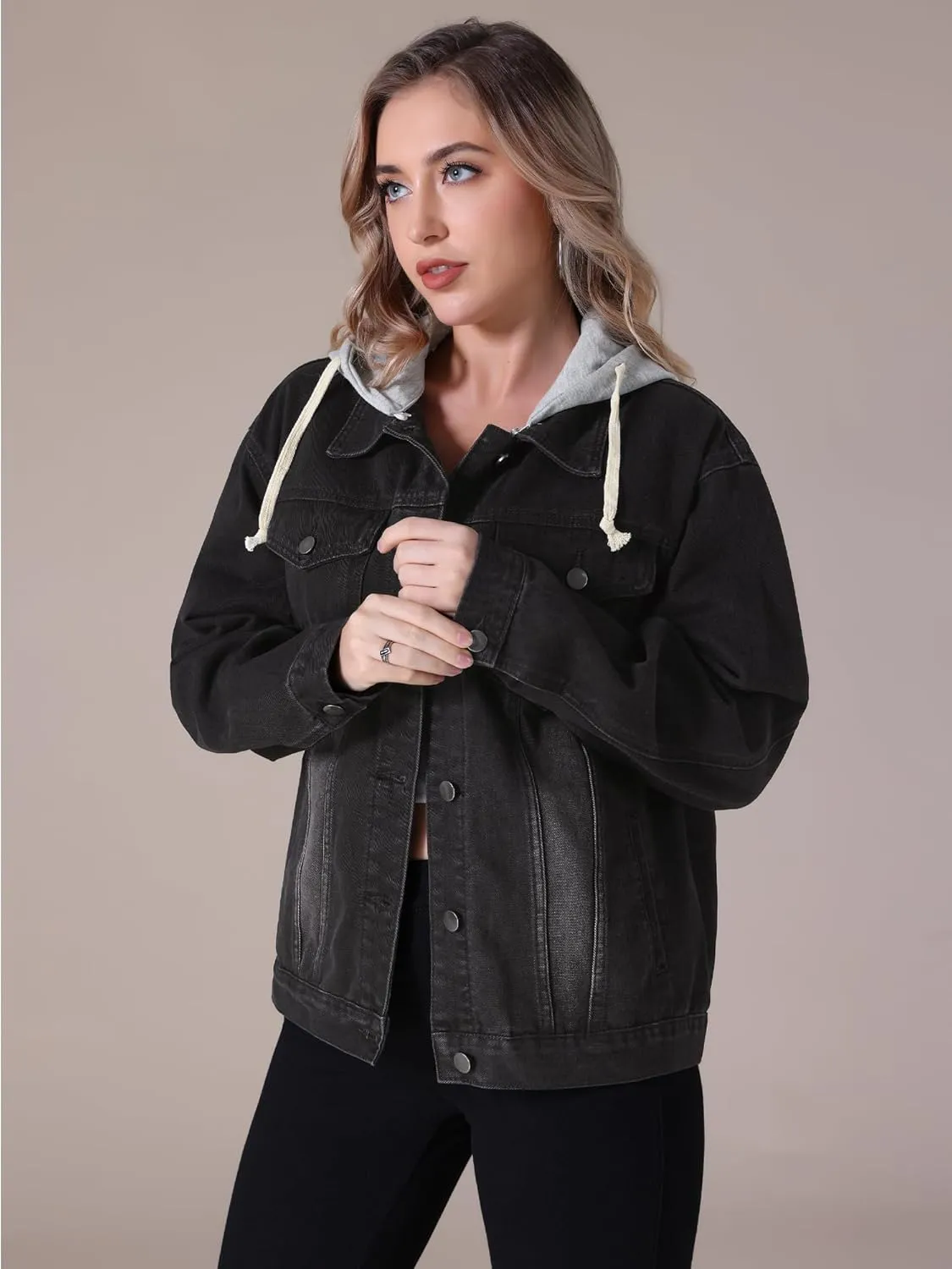 Women's Plus Size Denim Jackets with Hood Distressed Long Sleeve Button Down Detachable Hoodie Jean Jacket