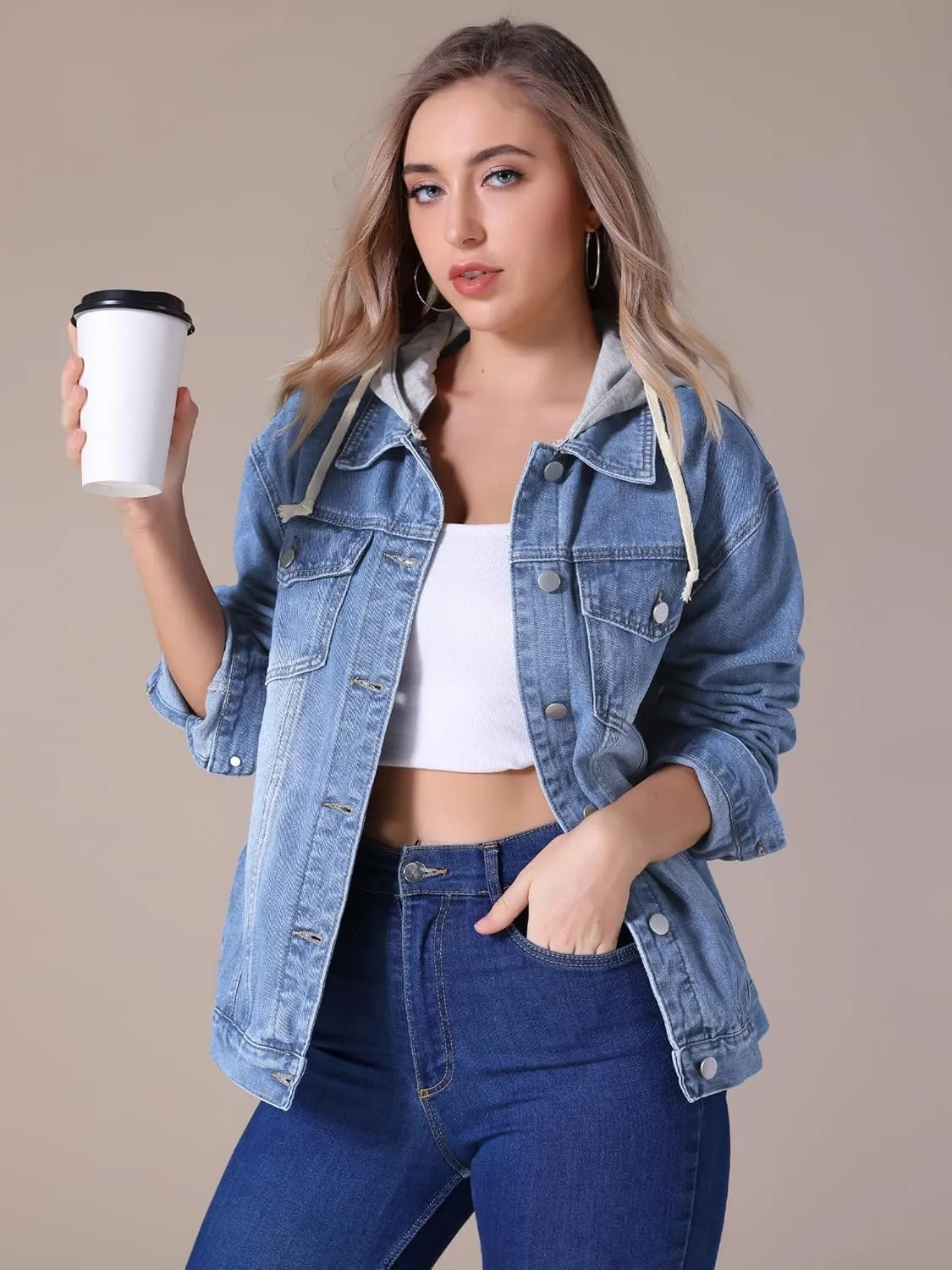 Women's Plus Size Denim Jackets with Hood Distressed Long Sleeve Button Down Detachable Hoodie Jean Jacket