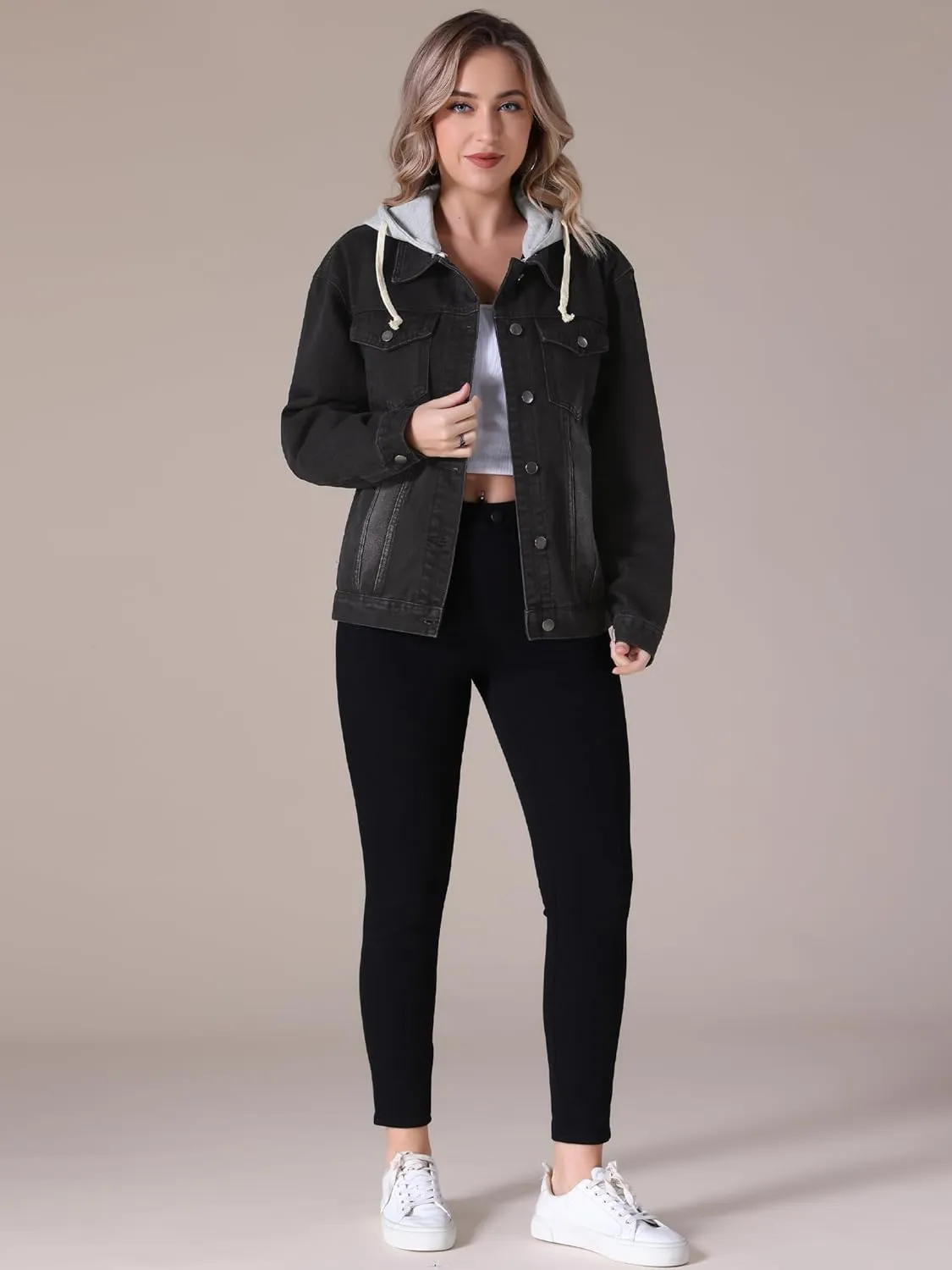 Women's Plus Size Denim Jackets with Hood Distressed Long Sleeve Button Down Detachable Hoodie Jean Jacket