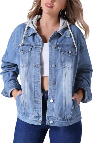 Women's Plus Size Denim Jackets with Hood Distressed Long Sleeve Button Down Detachable Hoodie Jean Jacket