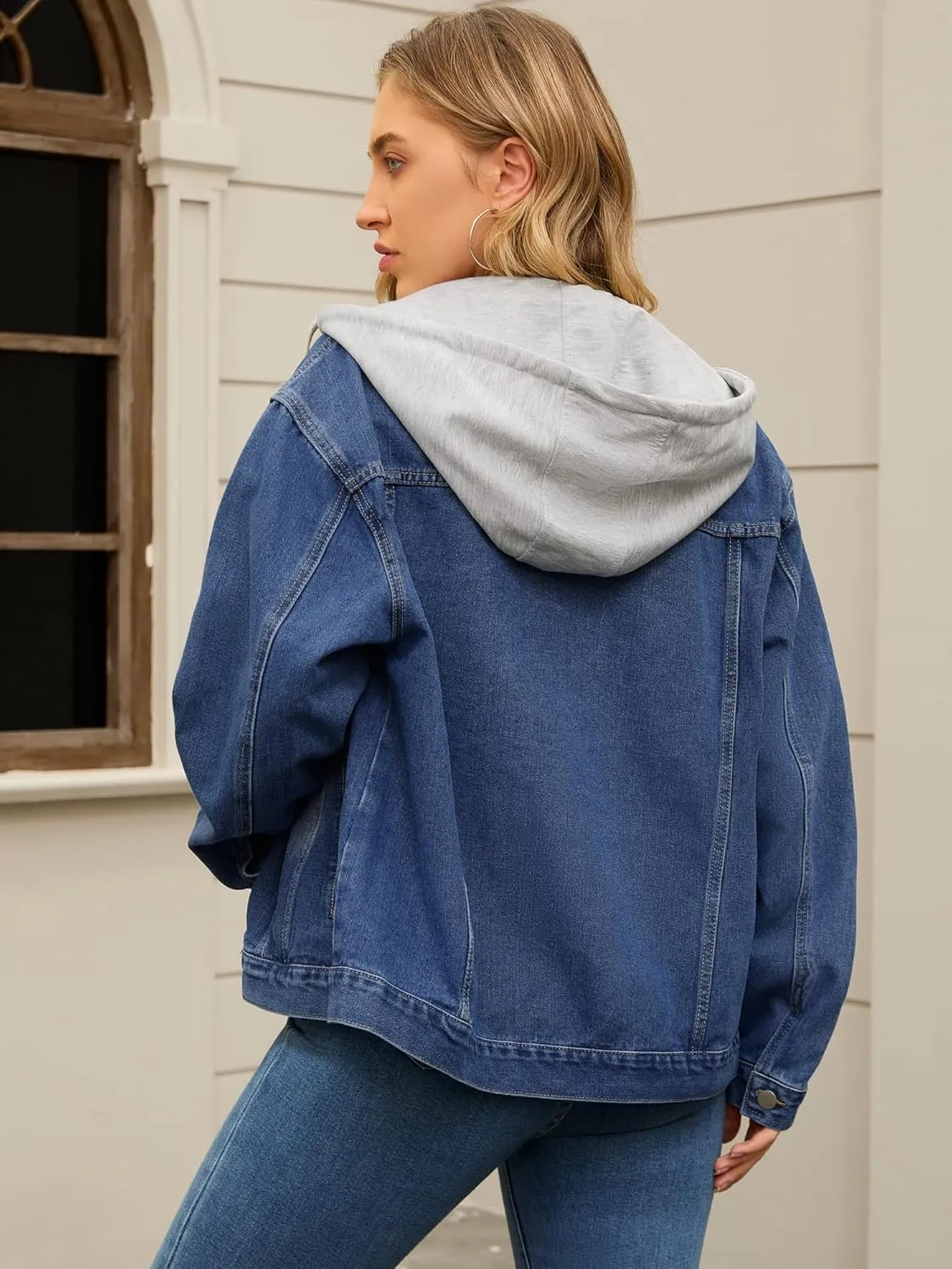 Women's Plus Size Denim Jackets with Hood Distressed Long Sleeve Button Down Detachable Hoodie Jean Jacket