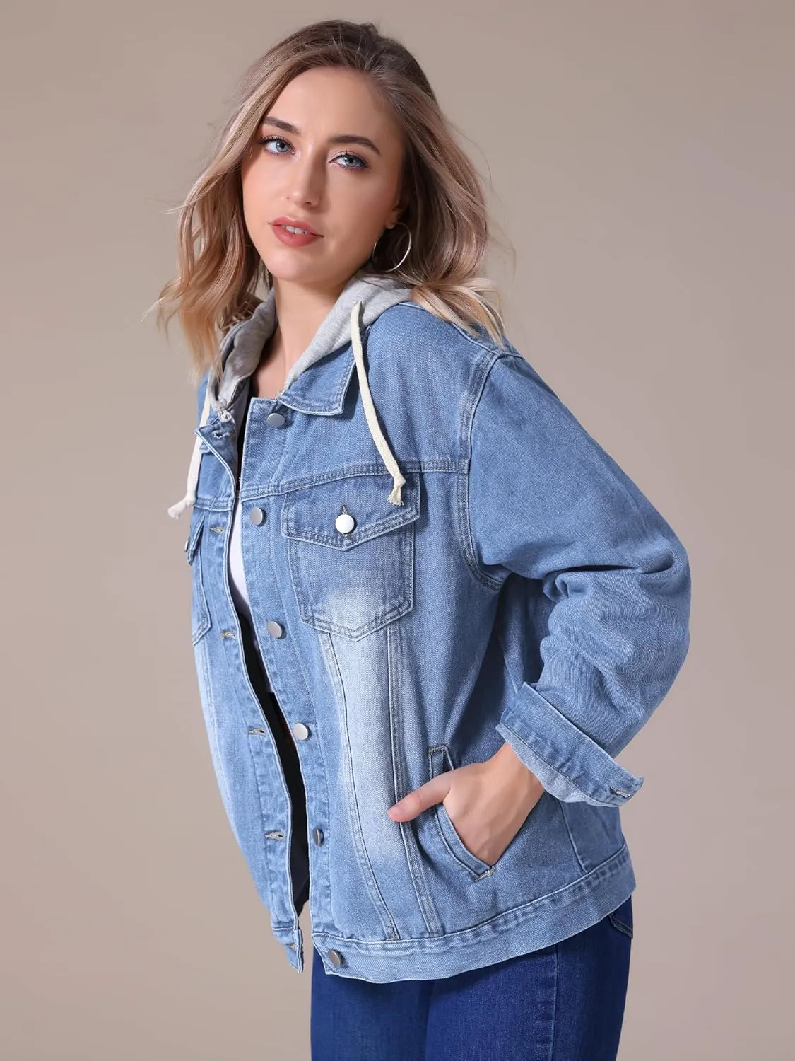 Women's Plus Size Denim Jackets with Hood Distressed Long Sleeve Button Down Detachable Hoodie Jean Jacket