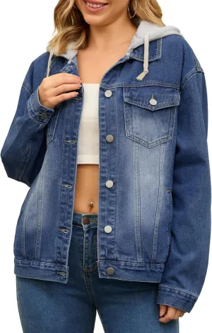Women's Plus Size Denim Jackets with Hood Distressed Long Sleeve Button Down Detachable Hoodie Jean Jacket
