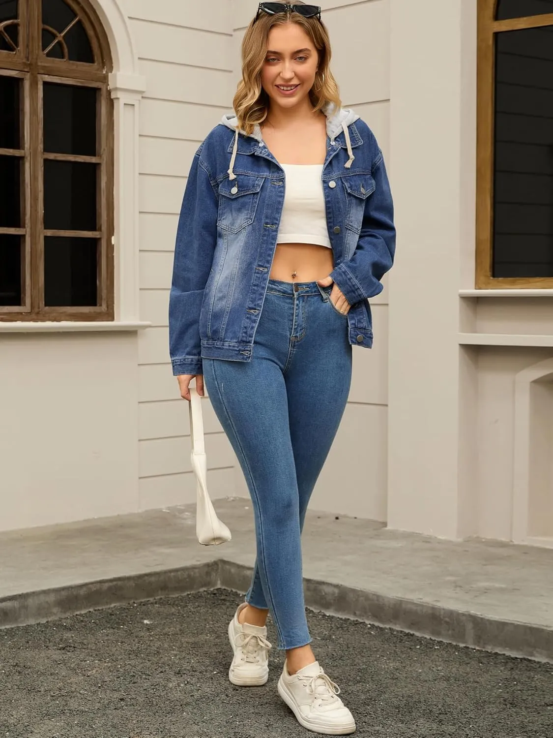Women's Plus Size Denim Jackets with Hood Distressed Long Sleeve Button Down Detachable Hoodie Jean Jacket