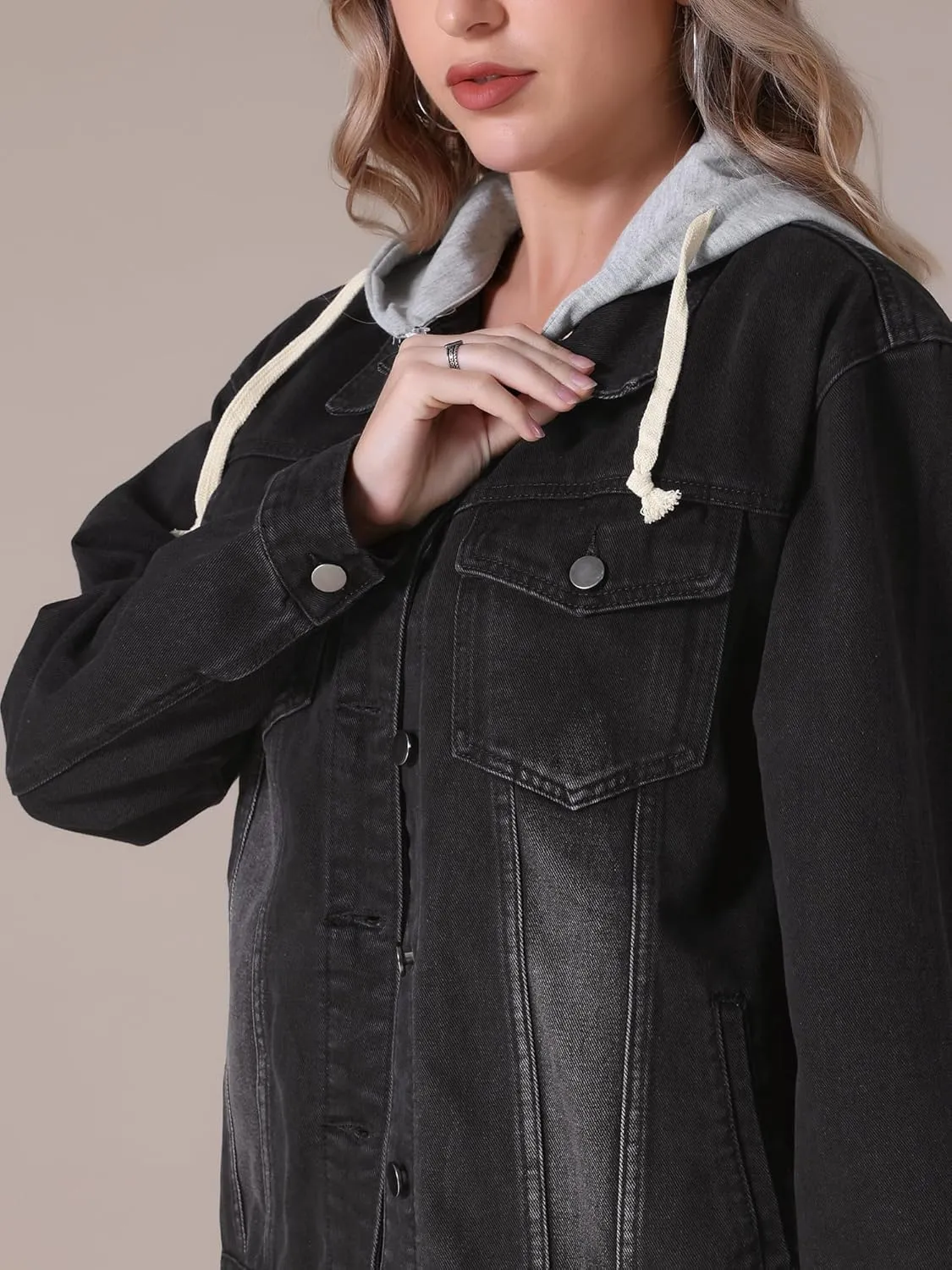 Women's Plus Size Denim Jackets with Hood Distressed Long Sleeve Button Down Detachable Hoodie Jean Jacket