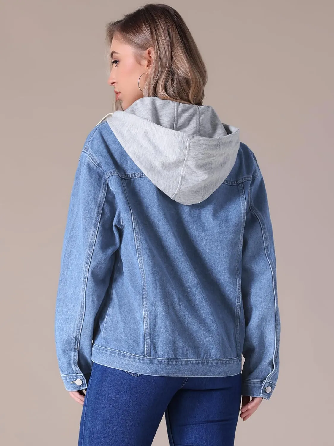Women's Plus Size Denim Jackets with Hood Distressed Long Sleeve Button Down Detachable Hoodie Jean Jacket