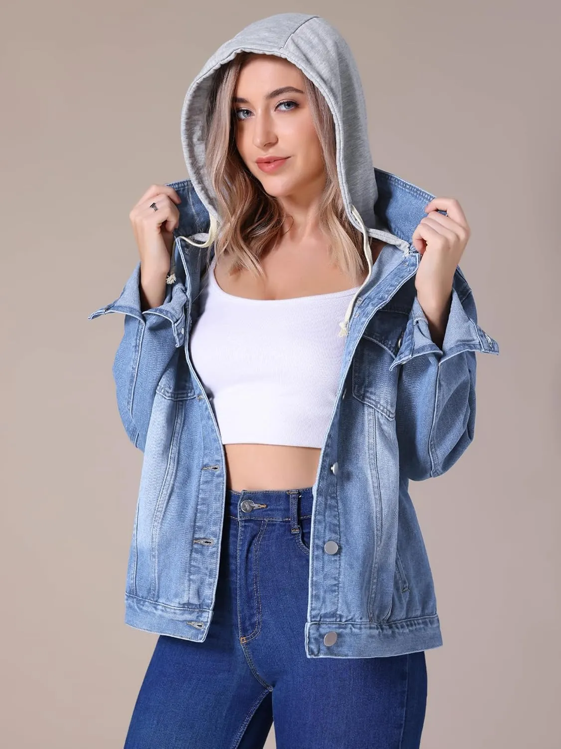 Women's Plus Size Denim Jackets with Hood Distressed Long Sleeve Button Down Detachable Hoodie Jean Jacket