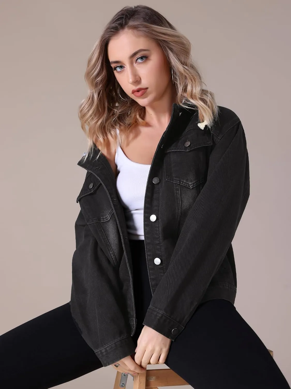 Women's Plus Size Denim Jackets with Hood Distressed Long Sleeve Button Down Detachable Hoodie Jean Jacket