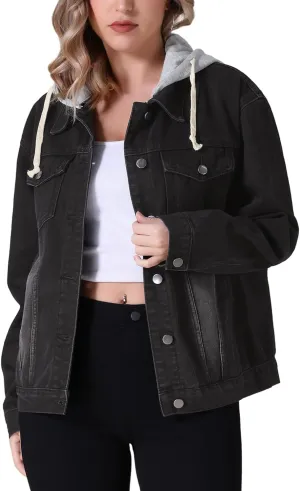 Women's Plus Size Denim Jackets with Hood Distressed Long Sleeve Button Down Detachable Hoodie Jean Jacket