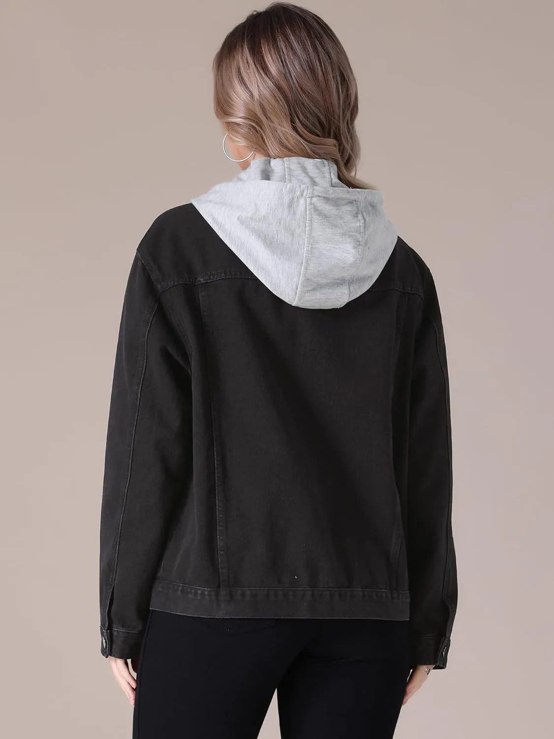 Women's Plus Size Denim Jackets with Hood Distressed Long Sleeve Button Down Detachable Hoodie Jean Jacket