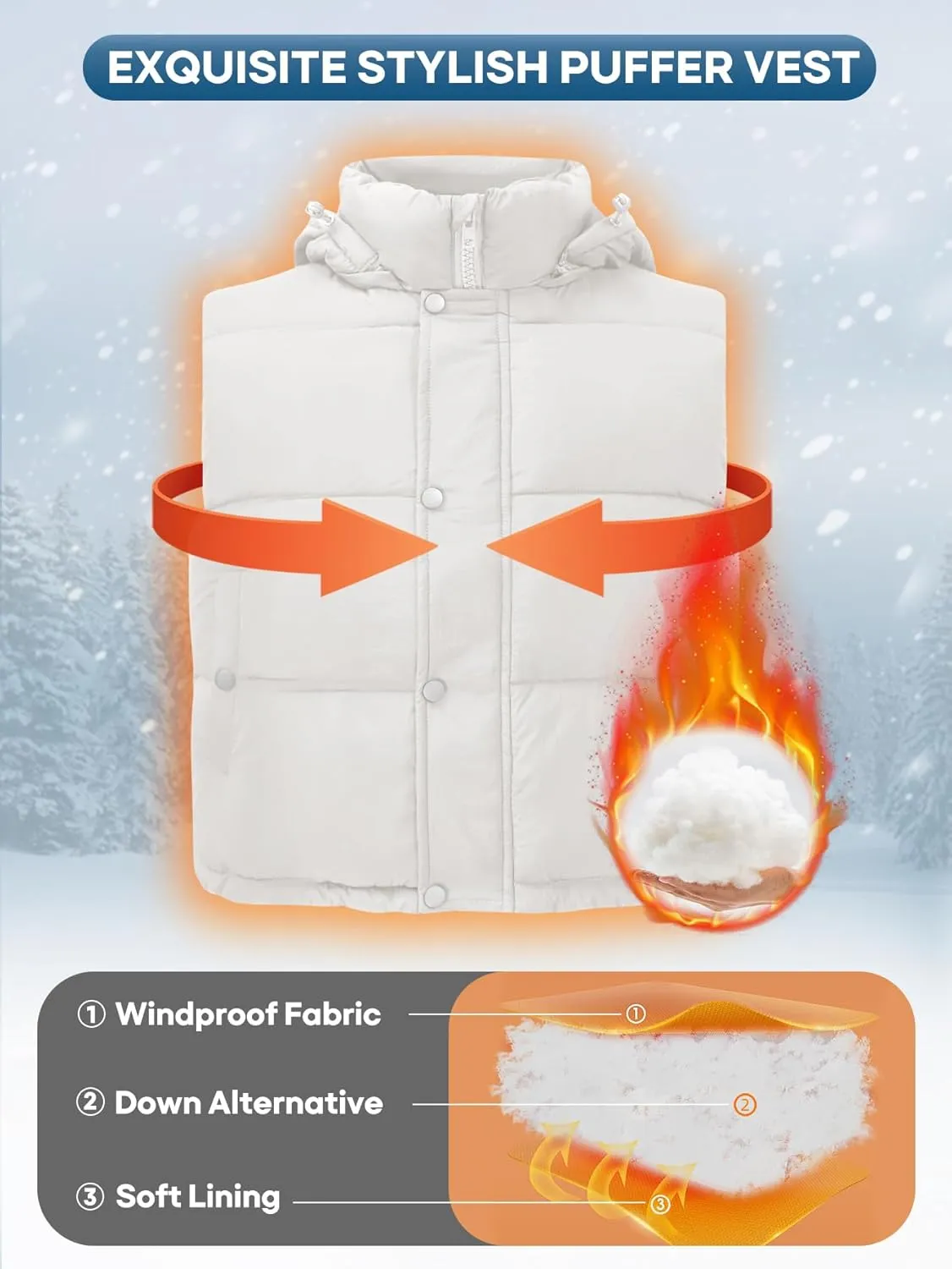 Women's Puffer Vest Hooded Button Down Zip Up Winter Outerwear Vests with Pockets