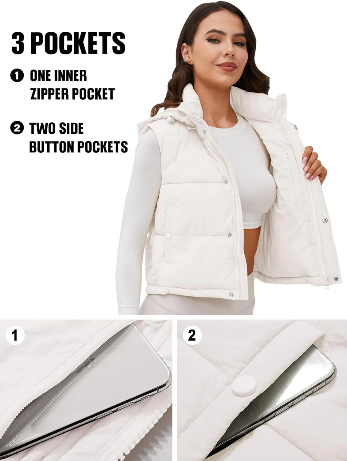 Women's Puffer Vest Hooded Button Down Zip Up Winter Outerwear Vests with Pockets