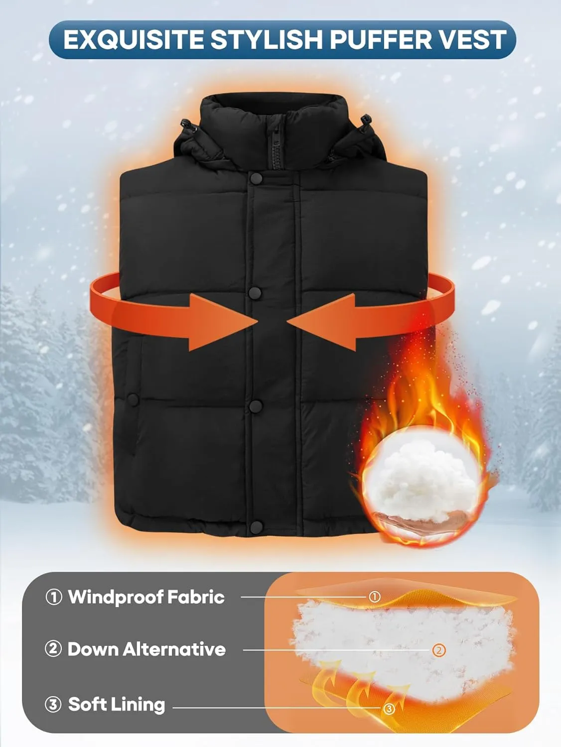 Women's Puffer Vest Hooded Button Down Zip Up Winter Outerwear Vests with Pockets