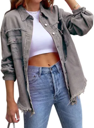 Womens Ripped Denim Jacket Oversized Boyfriend Button Front Frayed Hem Shacket Distresse Jean Coat with Pockets