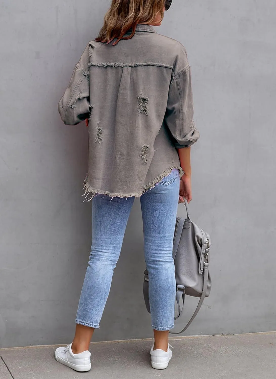 Womens Ripped Denim Jacket Oversized Boyfriend Button Front Frayed Hem Shacket Distresse Jean Coat with Pockets