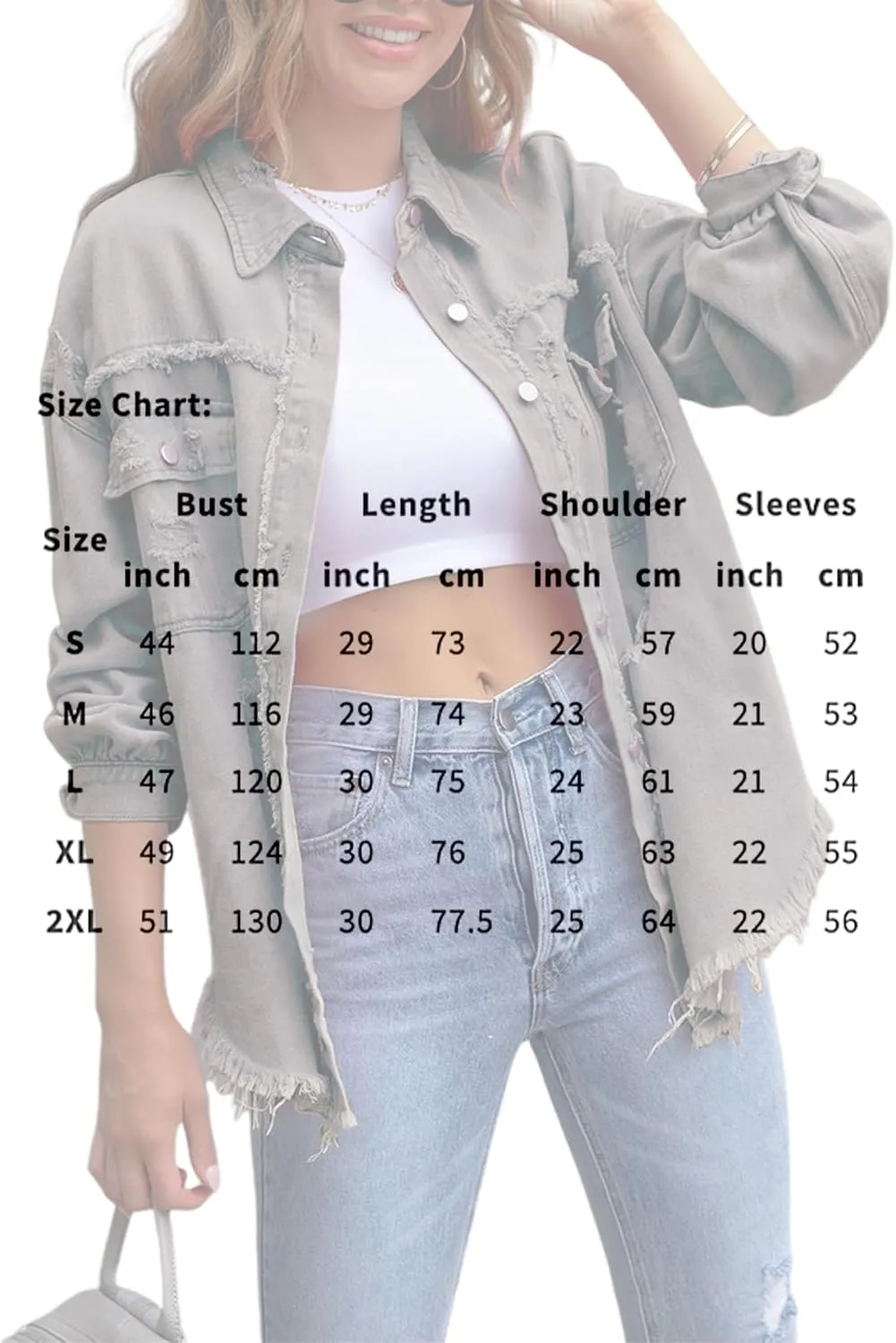 Womens Ripped Denim Jacket Oversized Boyfriend Button Front Frayed Hem Shacket Distresse Jean Coat with Pockets