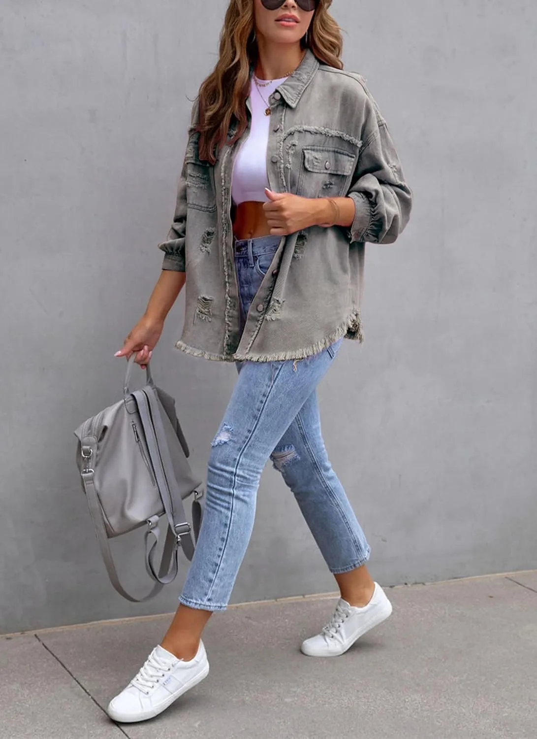 Womens Ripped Denim Jacket Oversized Boyfriend Button Front Frayed Hem Shacket Distresse Jean Coat with Pockets