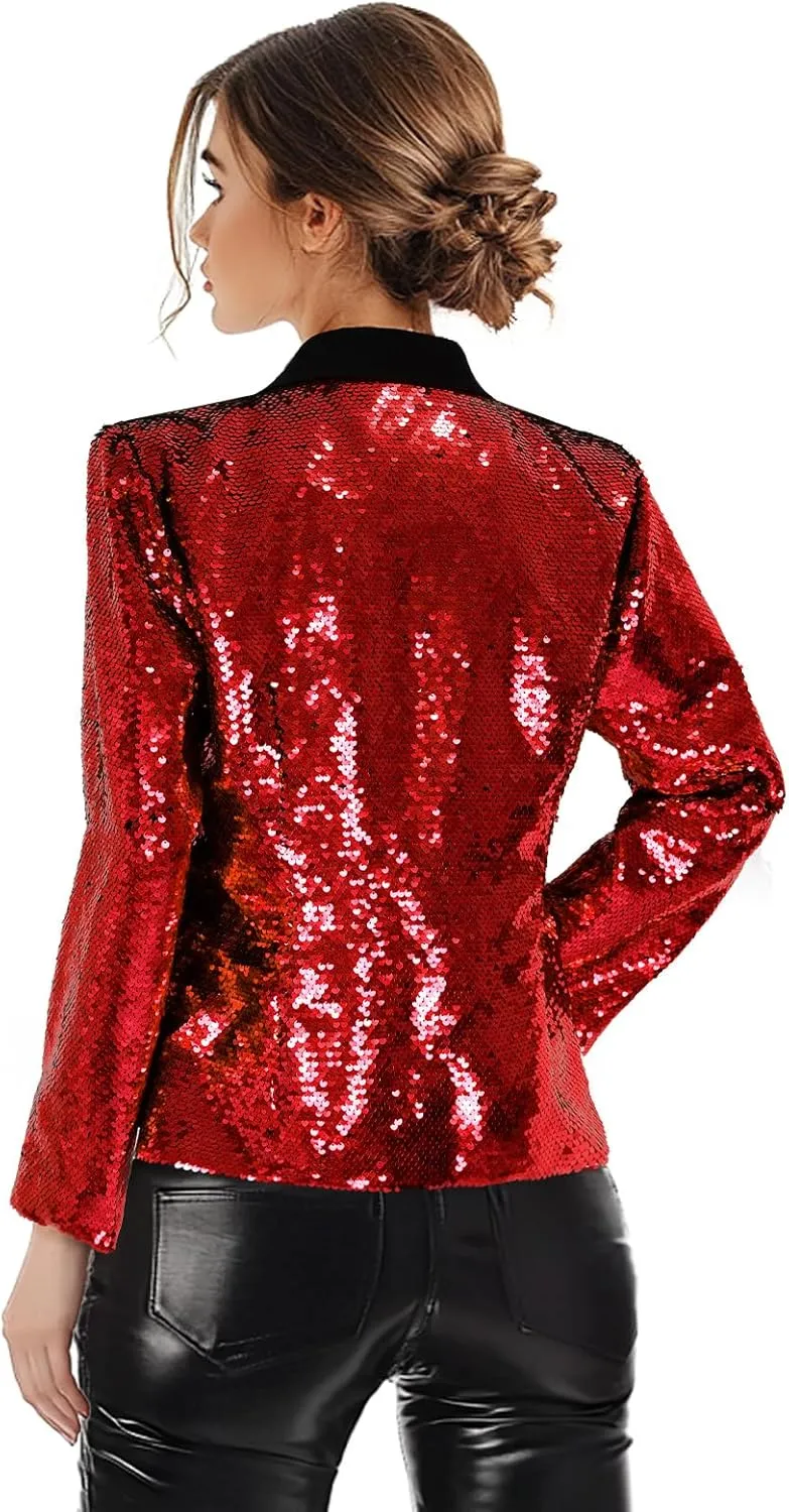 Women's Sequin Jackets Long Sleeves Single Button Casual Sparkly Coat with Pocket