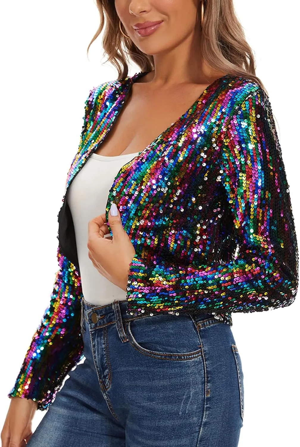 Women's Sequin Shrug Bolero Long Sleeve Collarless Glitter Jackets Sparkly Crop Cardigan