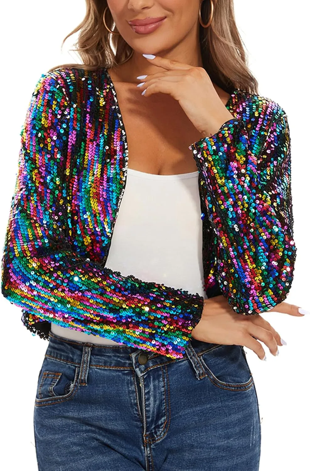 Women's Sequin Shrug Bolero Long Sleeve Collarless Glitter Jackets Sparkly Crop Cardigan