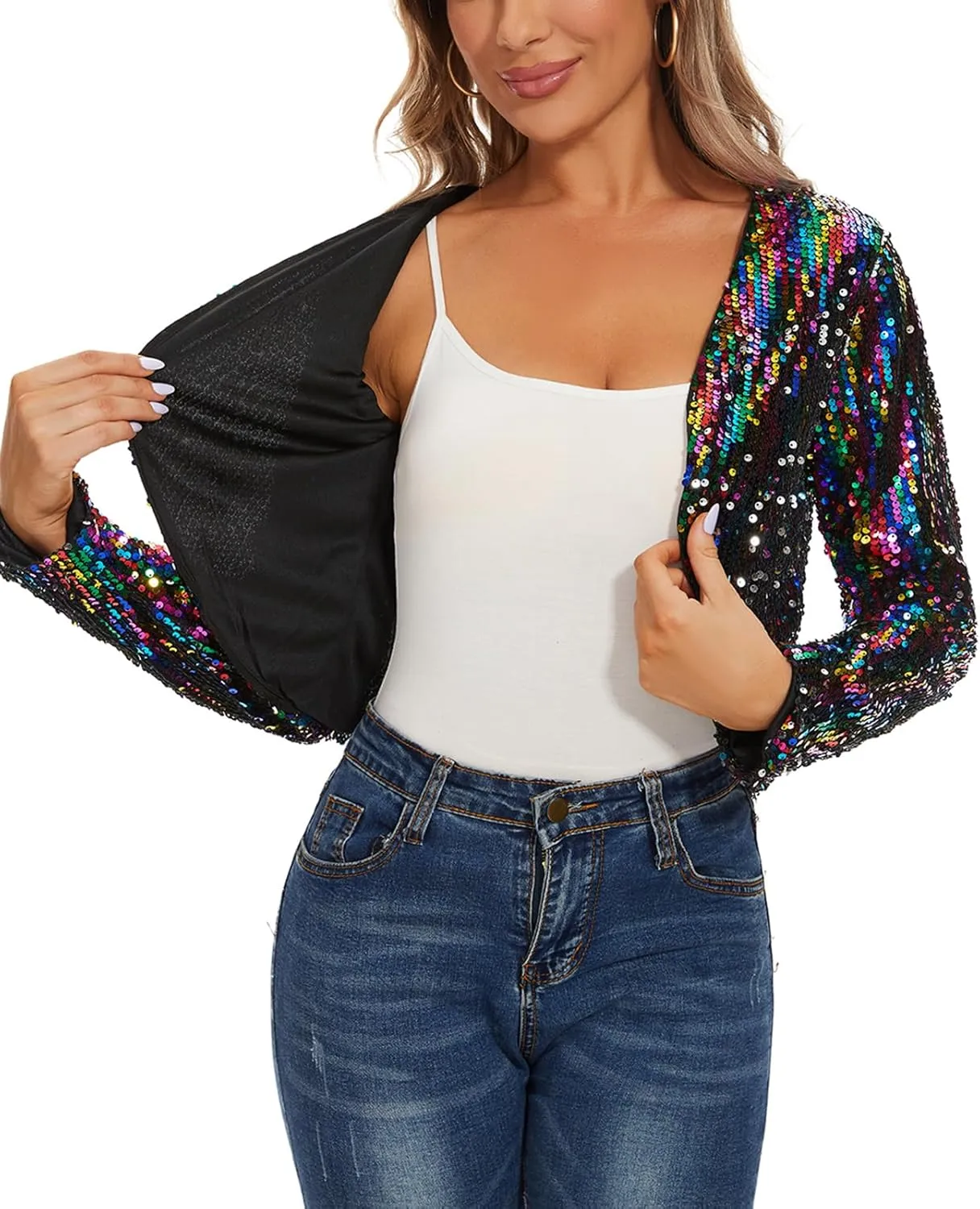 Women's Sequin Shrug Bolero Long Sleeve Collarless Glitter Jackets Sparkly Crop Cardigan