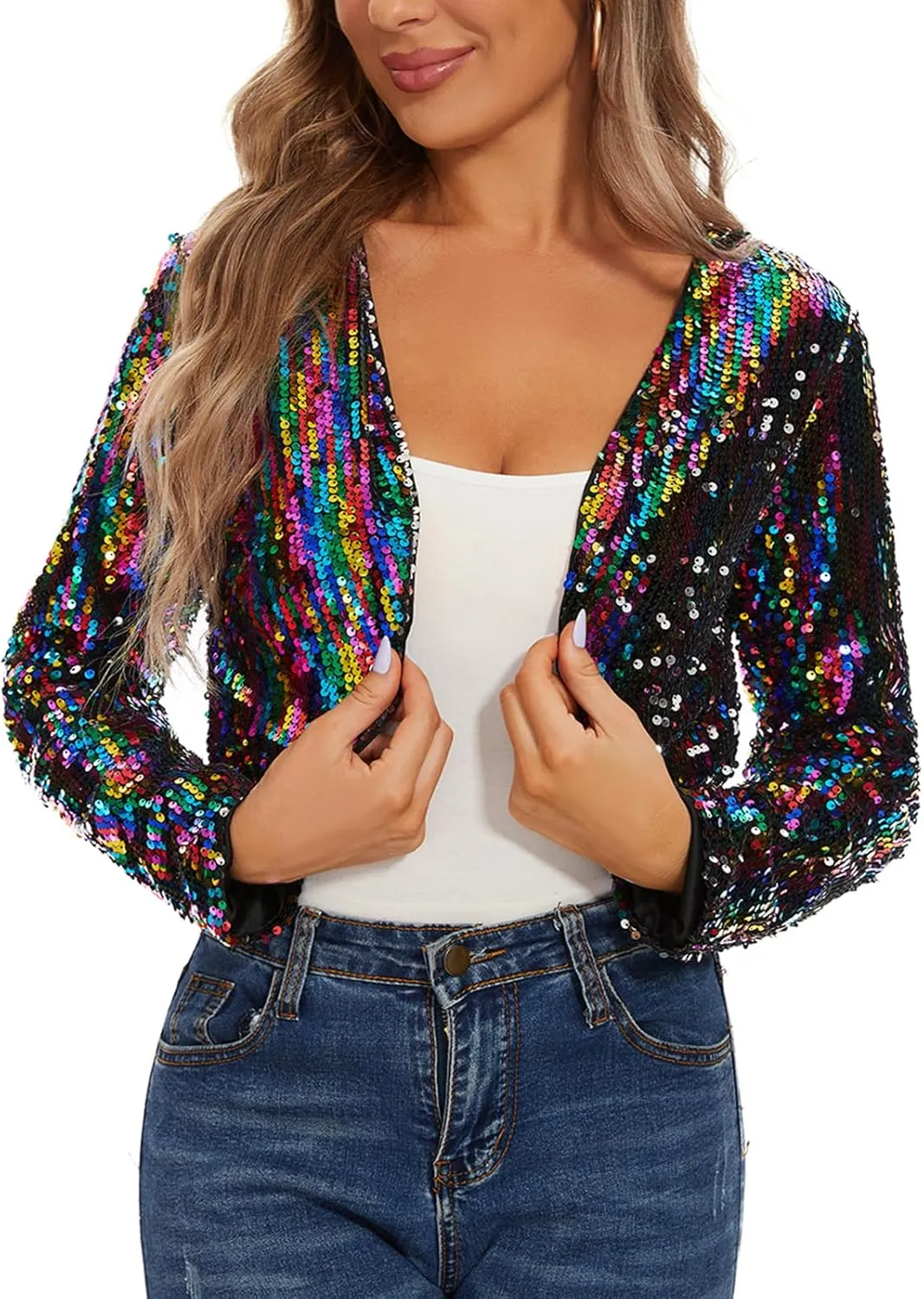 Women's Sequin Shrug Bolero Long Sleeve Collarless Glitter Jackets Sparkly Crop Cardigan