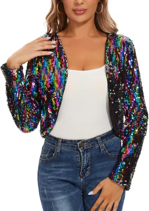 Women's Sequin Shrug Bolero Long Sleeve Collarless Glitter Jackets Sparkly Crop Cardigan