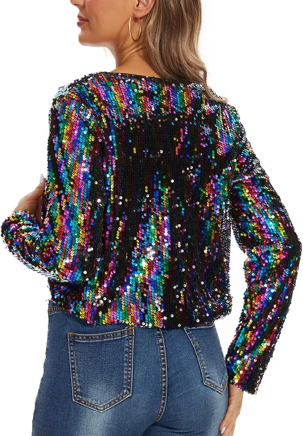 Women's Sequin Shrug Bolero Long Sleeve Collarless Glitter Jackets Sparkly Crop Cardigan