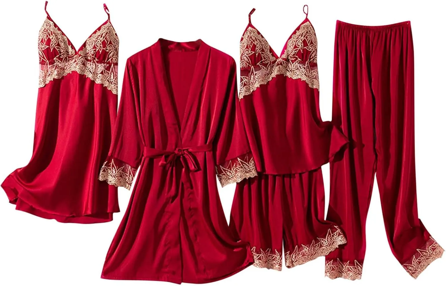 Women's Sexy Lace Pajamas Set Casual Loungewear 5 Piece Sleep Robe Camisole Slip Nightdress Shorts and Pants Sets