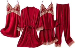 Women's Sexy Lace Pajamas Set Casual Loungewear 5 Piece Sleep Robe Camisole Slip Nightdress Shorts and Pants Sets