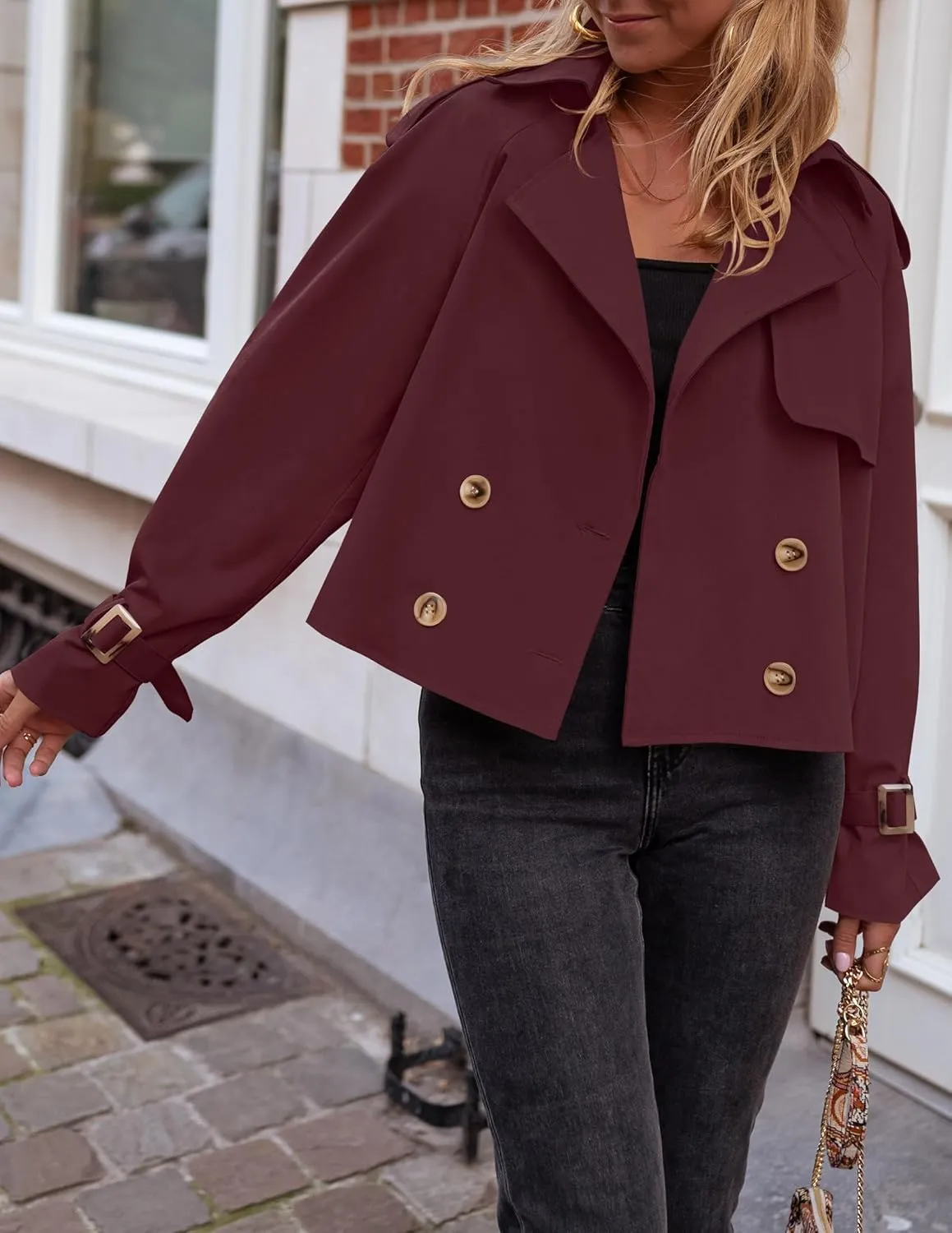 Women's Short Trench Coat Jackets Long Sleeve Double Breasted Notched Lapel Casual Loose Jacket With Pockets
