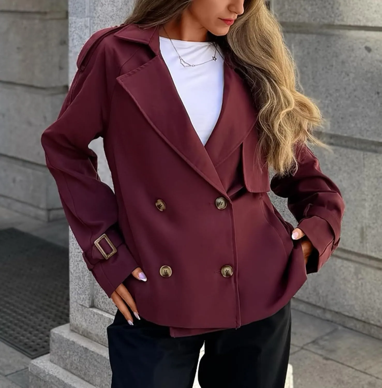 Women's Short Trench Coat Jackets Long Sleeve Double Breasted Notched Lapel Casual Loose Jacket With Pockets