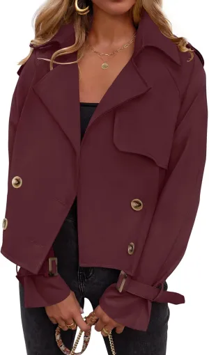 Women's Short Trench Coat Jackets Long Sleeve Double Breasted Notched Lapel Casual Loose Jacket With Pockets