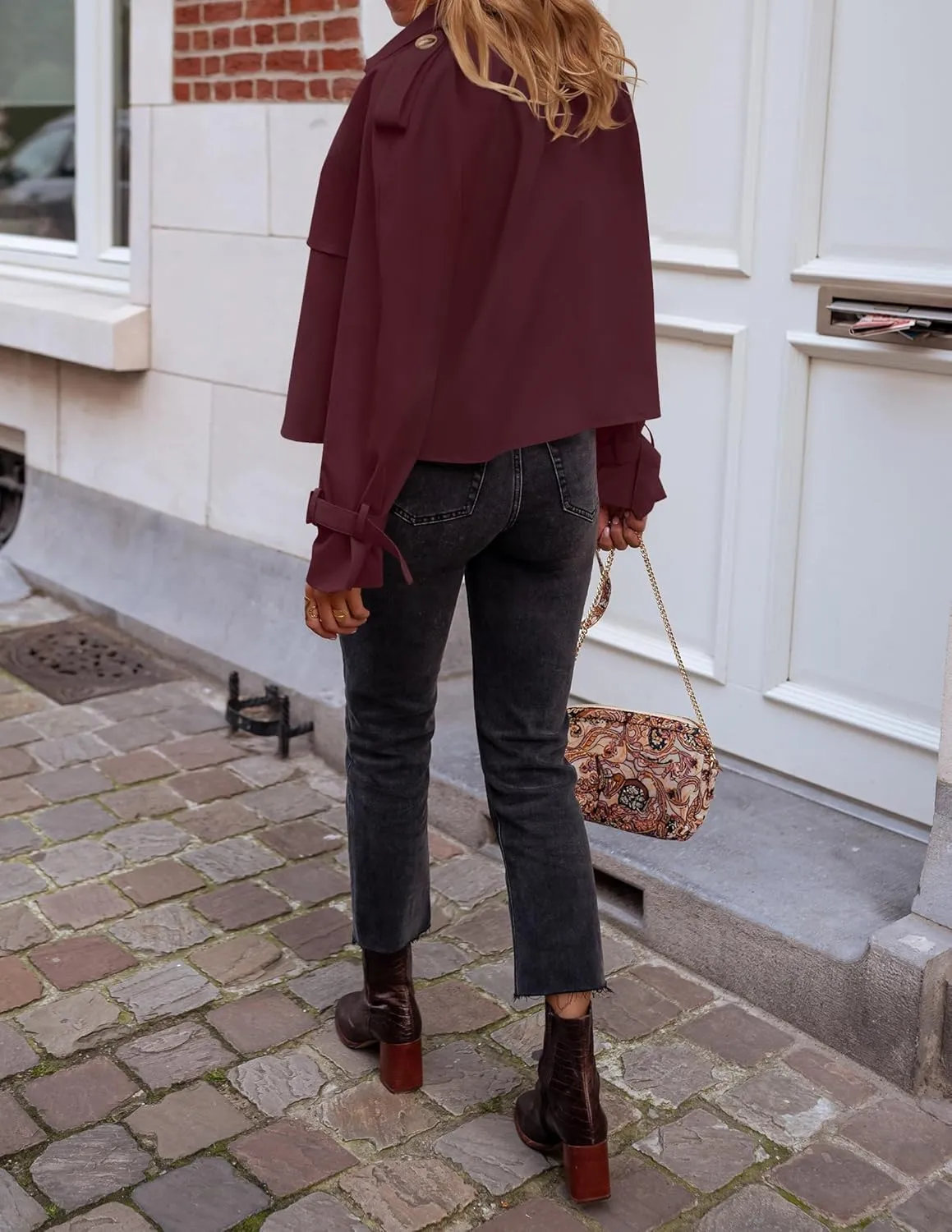 Women's Short Trench Coat Jackets Long Sleeve Double Breasted Notched Lapel Casual Loose Jacket With Pockets