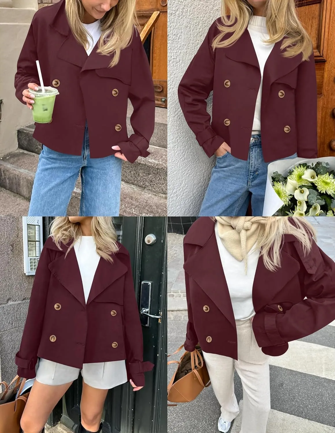 Women's Short Trench Coat Jackets Long Sleeve Double Breasted Notched Lapel Casual Loose Jacket With Pockets