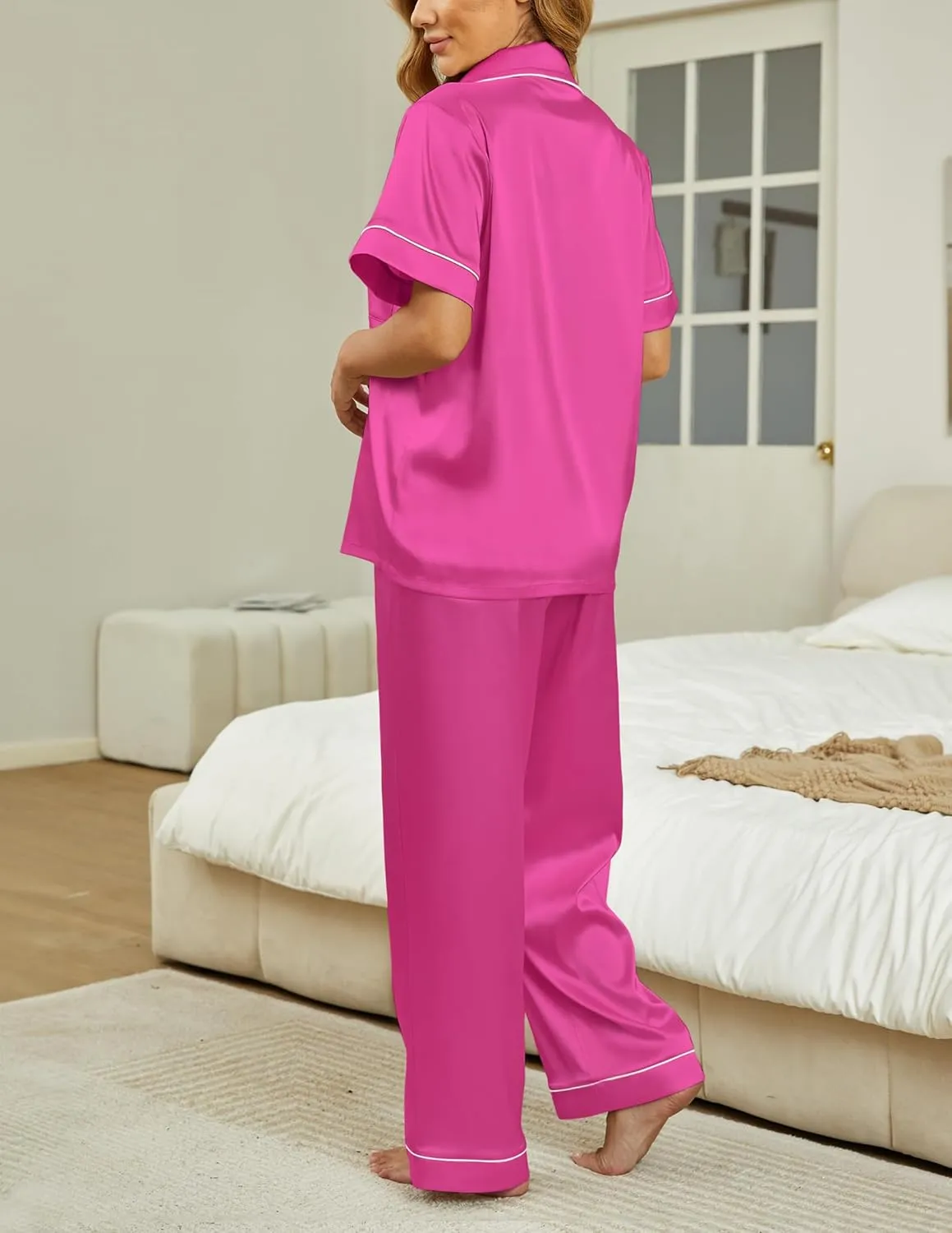 Women's silky sleepwear set, button up sleepwear, short sleeved sleepwear with pants, soft home wear