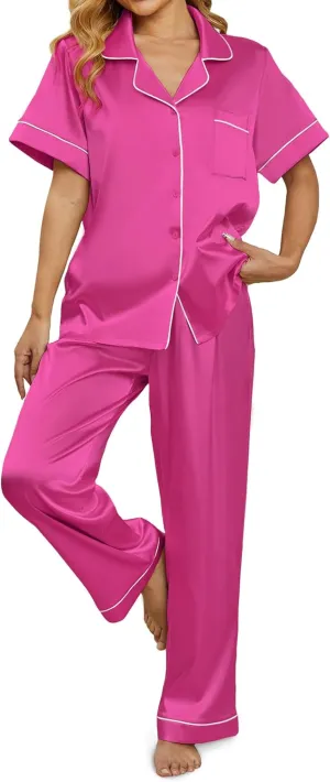 Women's silky sleepwear set, button up sleepwear, short sleeved sleepwear with pants, soft home wear