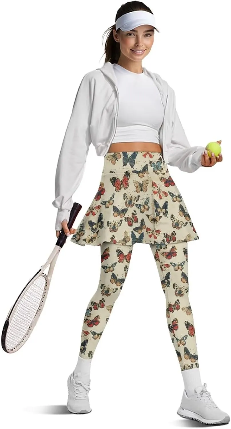 Womens Skirted Legging Tummy Control Tennis Leggings Clothes Sport Tights Gathered Skirt Ultra Soft Skirted Capris