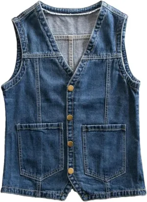 Women's Slim V Neck Single Breasted Denim Vest Waistcoat Sleeveless Casual Jeans Vest