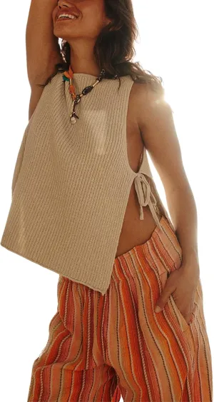 Womens Spring Summer Sleeveless Side Tie Sweater Top Stylish Ribbed Knit Dropped Tank 2025