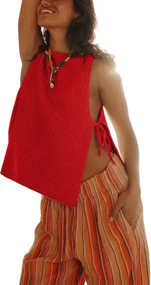 Womens Spring Summer Sleeveless Side Tie Sweater Top Stylish Ribbed Knit Dropped Tank 2025