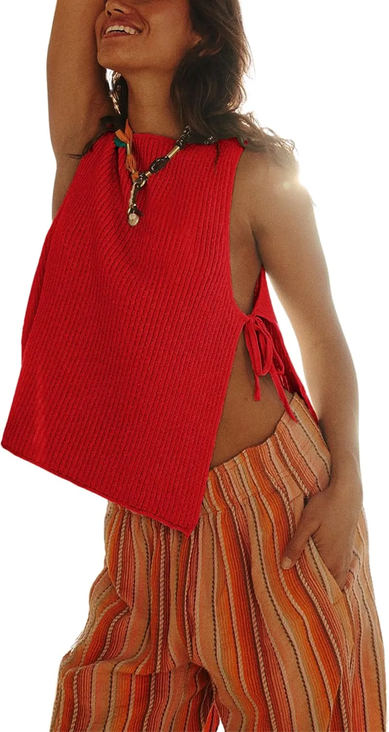 Womens Spring Summer Sleeveless Side Tie Sweater Top Stylish Ribbed Knit Dropped Tank 2025
