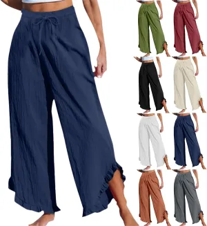 Womens Straight Casual Pants Cotton Linen High Wiast Wide Leg Soft Pant Summer Loose Fit Long Trousers with Pocket