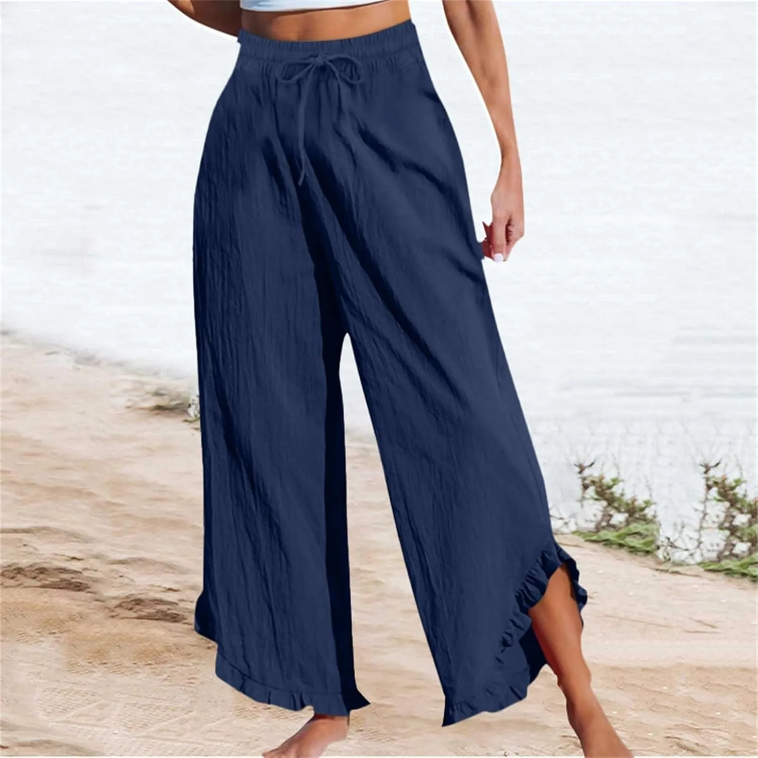 Womens Straight Casual Pants Cotton Linen High Wiast Wide Leg Soft Pant Summer Loose Fit Long Trousers with Pocket