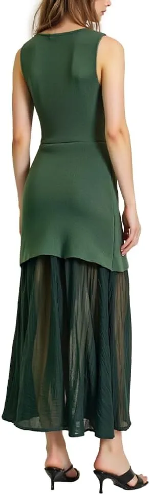 Women's Stylish Combination Ankle-Length Dress, Sleeveless U-Neck Knit Top with Pleated Skirt