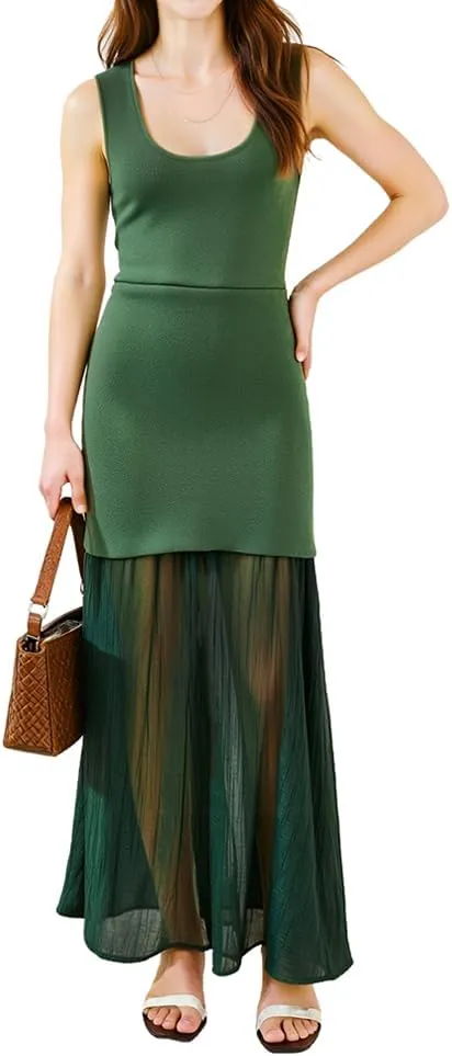 Women's Stylish Combination Ankle-Length Dress, Sleeveless U-Neck Knit Top with Pleated Skirt