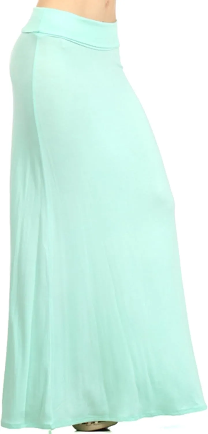 Women's Stylish Spandex Comfy Fold-Over Flare Long Maxi Skirt Made in USA